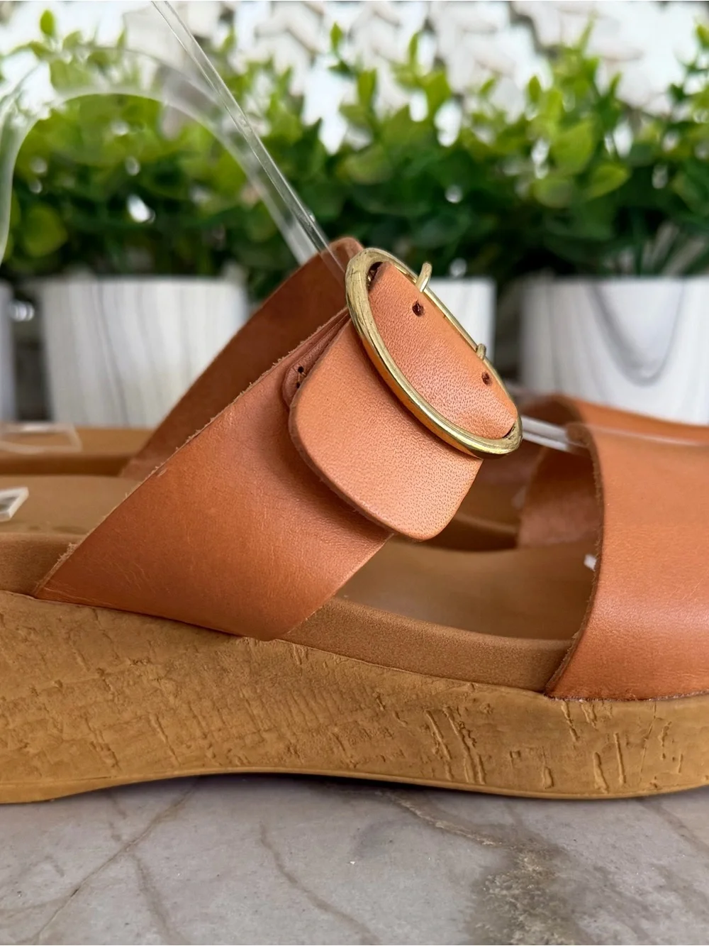 Women's Mariella Tan Gold Buckle Wedge Slides Sandals Excellent! Size-9